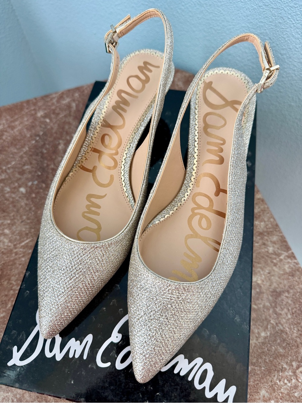 Sam Edelman Gold Glitter Pointed Slingback Heels
